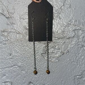 Chic Silver Chain Drop Earrings with Tiger eye bead  Accents